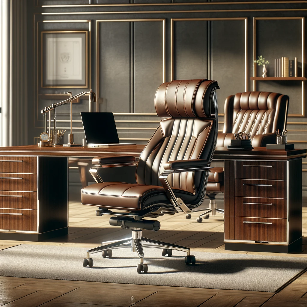 DALL·E 2024-02-20 15.00.56 - An elegant managerial leather office chair, combining luxurious comfort with a sleek, modern design, placed in an executive office space alongside a g