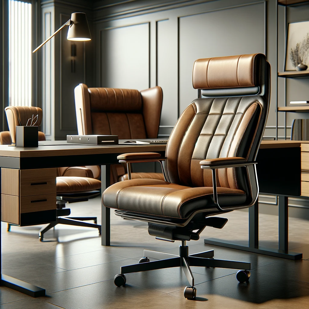 DALL·E 2024-02-20 15.04.16 - A premium leather office chair inside a professional office setting, facing a sleek office desk. On the opposite side of the desk, there are two waiti