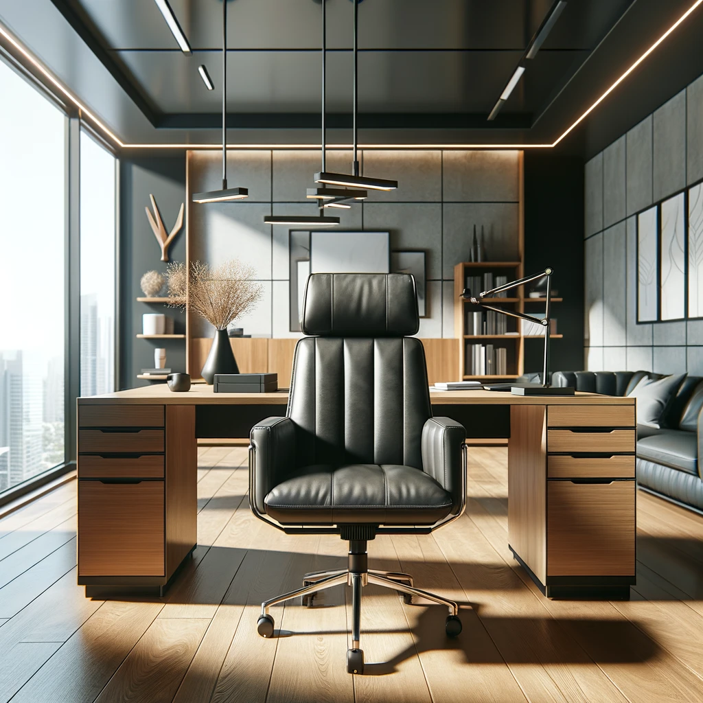 DALL·E 2024-02-20 15.05.03 - A modern office interior featuring a high-end leather office chair at the center. The office is well-designed with a large wooden desk, contemporary l