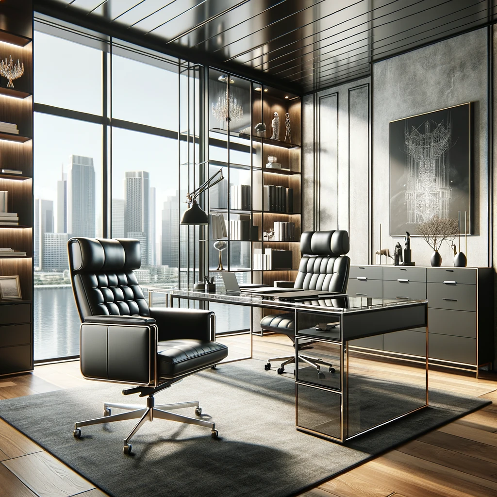 DALL·E 2024-02-20 15.05.41 - A sophisticated office design featuring a luxurious leather office chair in the foreground, set against the backdrop of a spacious office with a conte