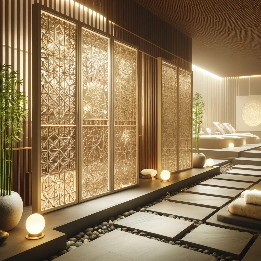 DALL·E 2024-03-29 14.52.49 - An image of PU (polyurethane) divider ventilation block panels arranged in a luxurious spa setting. The spa has a tranquil, serene atmosphere, with so
