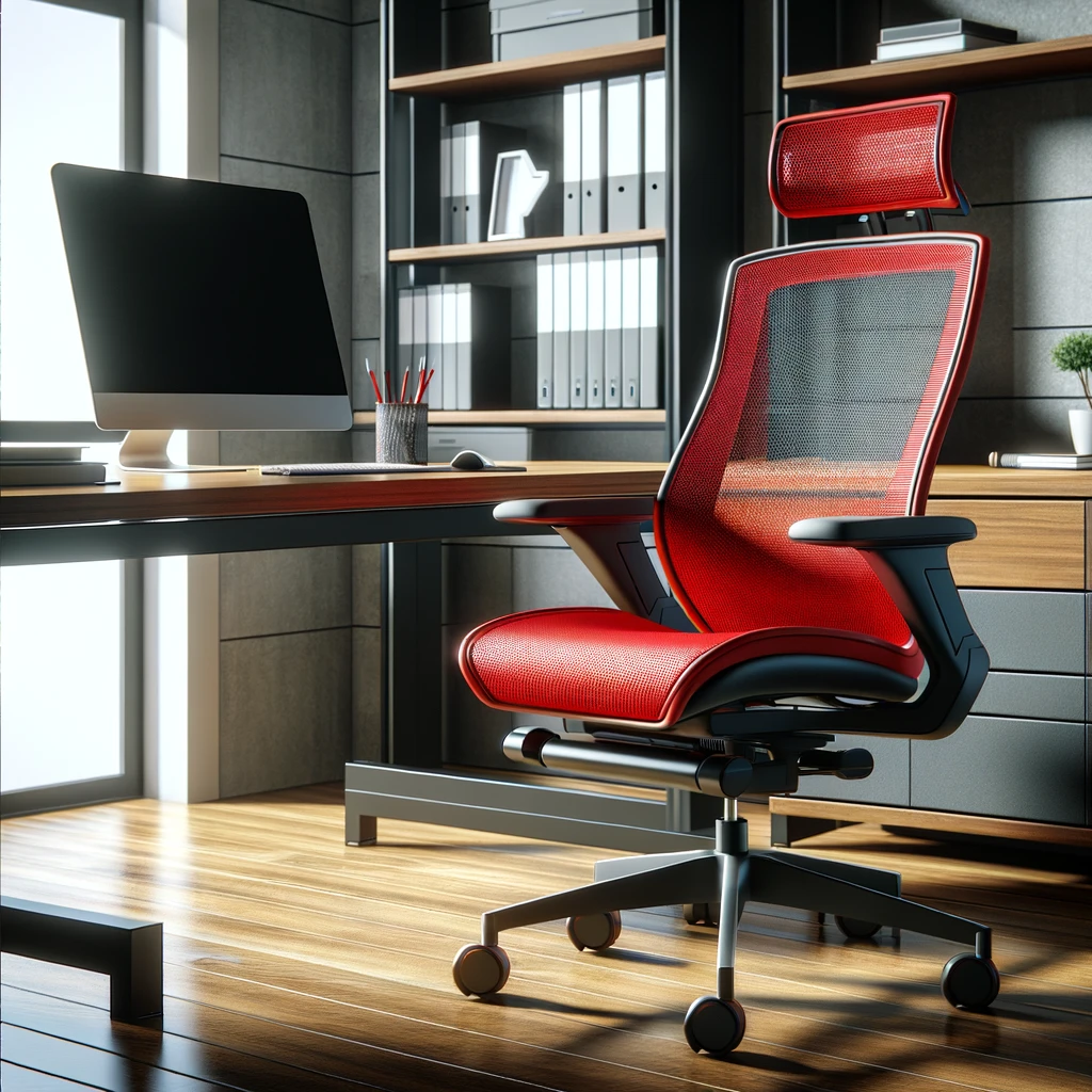 DALL·E 2024-04-03 13.30.30 - An image showcasing a red ergonomic office chair positioned at an office desk. The chair is designed with high-quality, breathable mesh material, feat