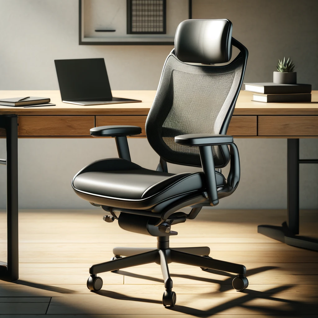 DALL·E 2024-04-03 13.35.09 - An image depicting an ergonomic office chair positioned at an office desk. The chair features a high-quality, breathable black mesh back, adjustable a