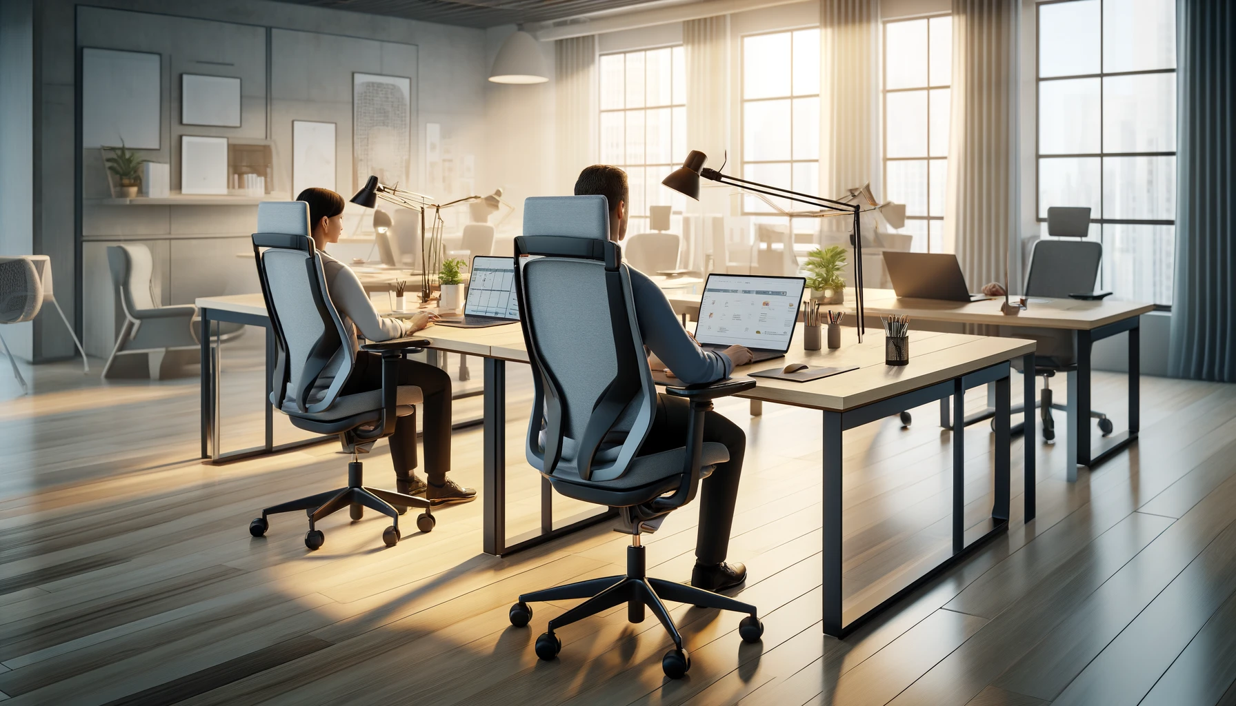 DALL·E 2024-04-03 13.50.44 - An image showcasing two people working side by side at an office, each seated on an ergonomic office chair at a shared office desk. The chairs are des