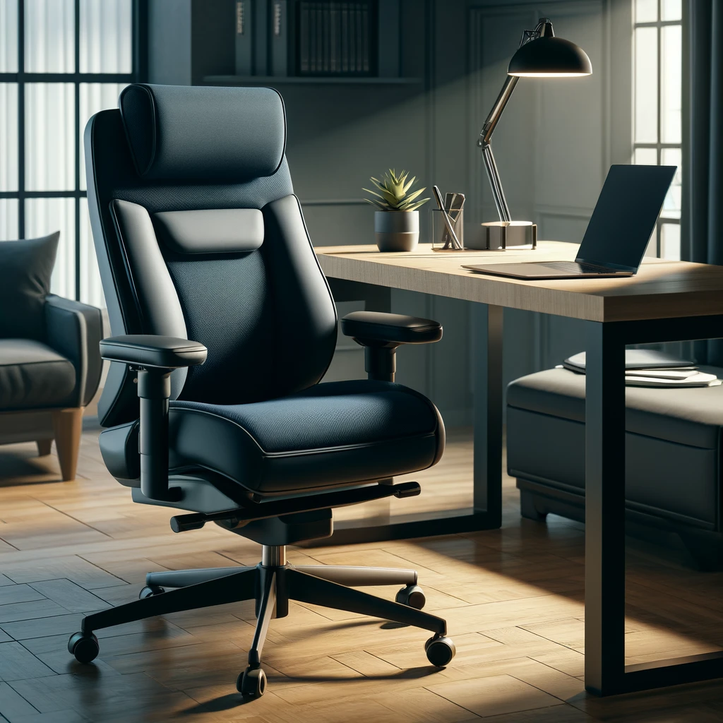 DALL·E 2024-04-03 13.57.33 - An image featuring a dark blue ergonomic office chair positioned at an office desk. The chair is designed with advanced ergonomic features for supreme