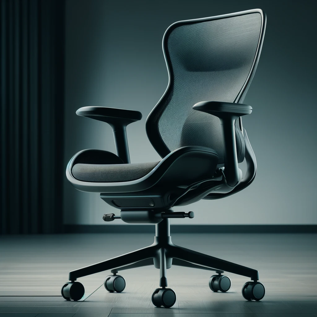 DALL·E 2024-04-03 13.59.03 - A close-up image of a modern ergonomic office chair, focusing on its design and features for optimal comfort. The chair has a sleek black mesh back fo