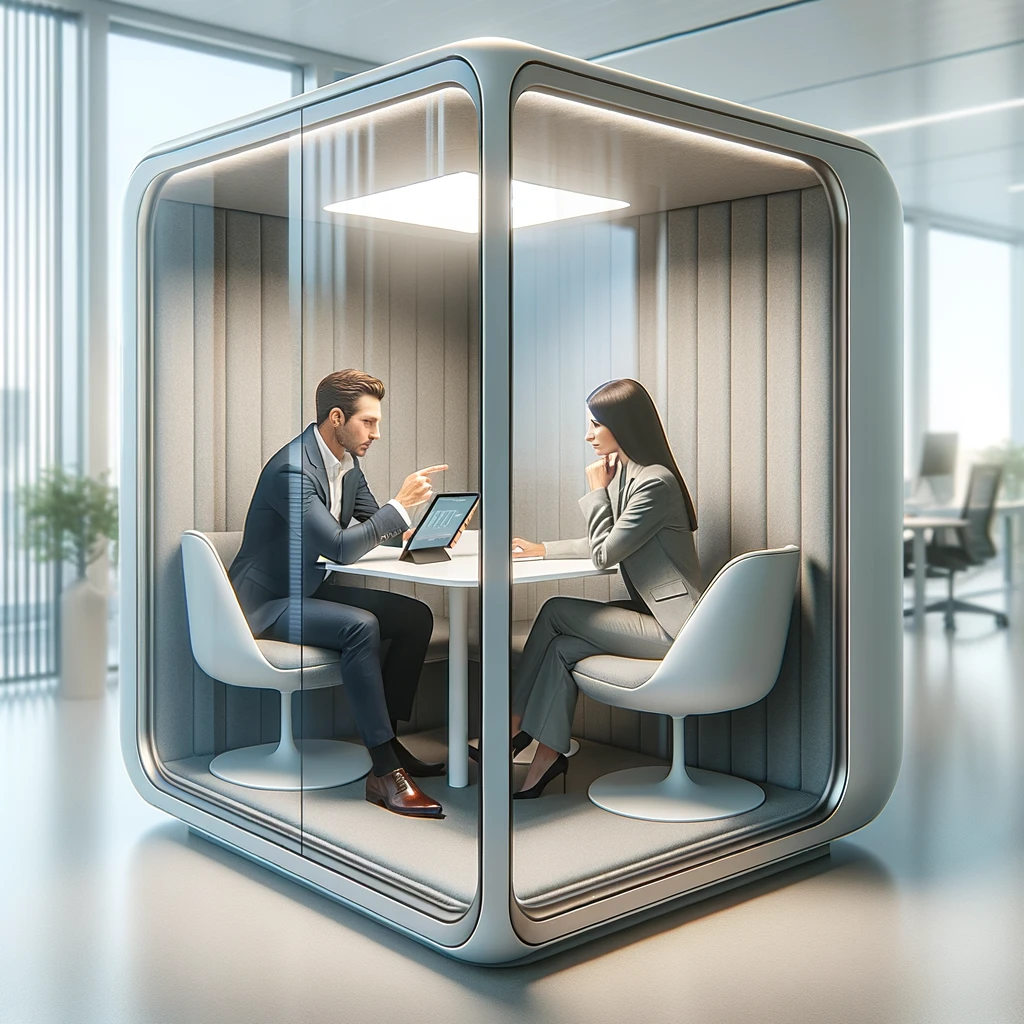 DALL·E 2024-04-05 11.14.34 - A square, modern, sleek meeting pod in a bright office environment. The pod is transparent, showcasing two people inside, seated opposite each other a