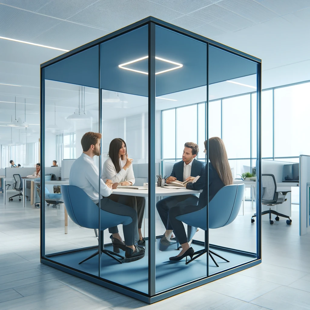 DALL·E 2024-04-05 14.41.46 - A modern, square meeting pod with a blue colour frame in a bright office environment. The pod is transparent, showcasing four people inside, seated ar