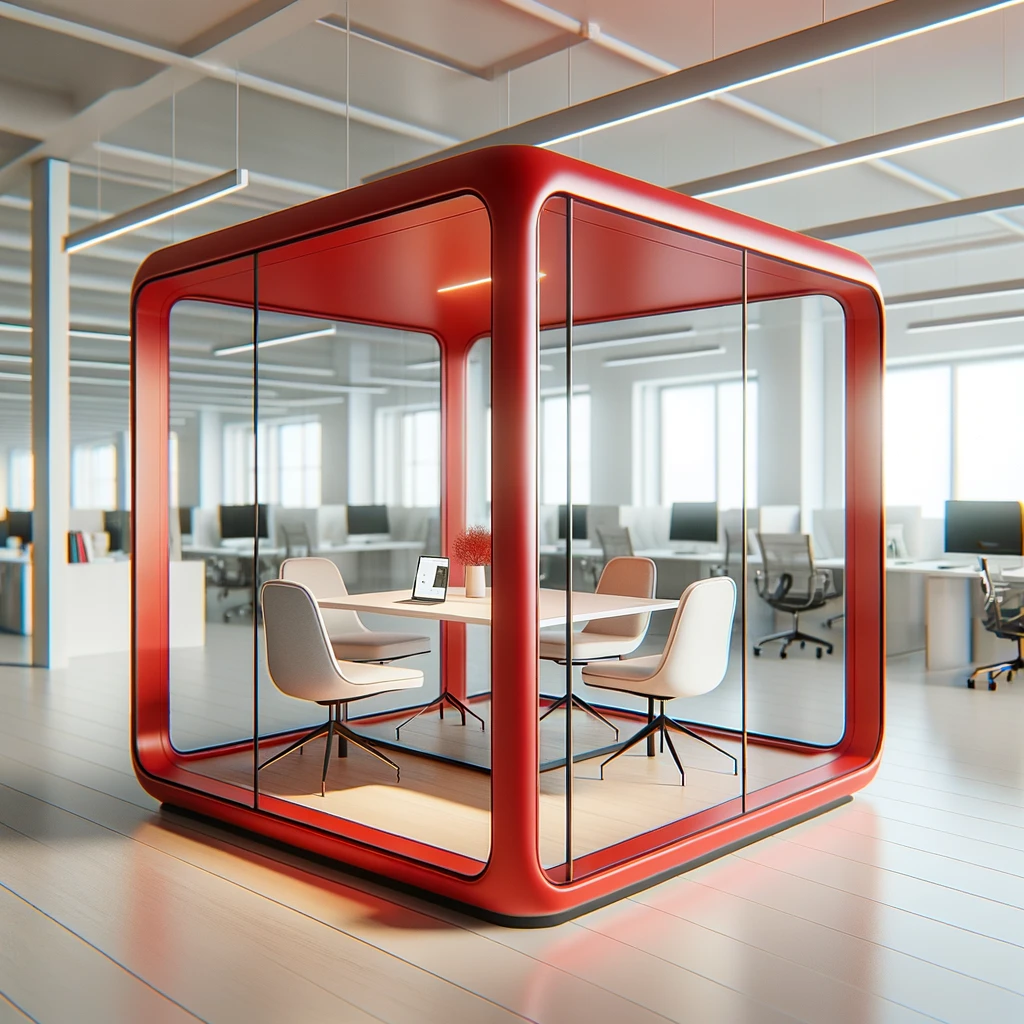 DALL·E 2024-04-05 14.46.13 - A modern, square meeting pod with a vibrant red color frame in a bright office environment. The pod is designed to be minimalist and functional, empha