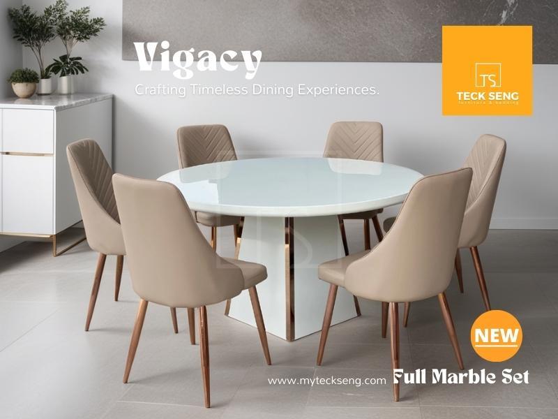 6 wooden dining chairs with fabric backrest and cushion surrounding a round table