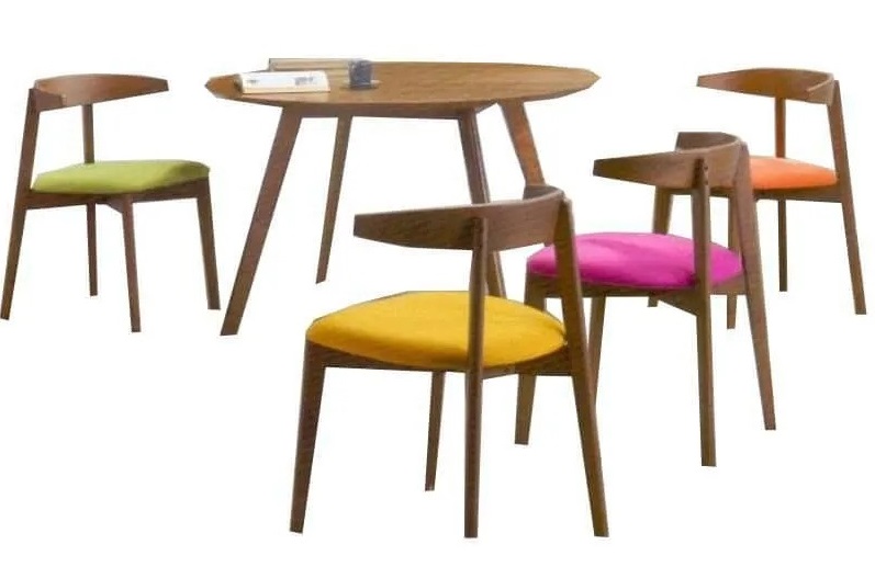 4 colorful chairs made from wooden with fabric cushion and a wooden dining table