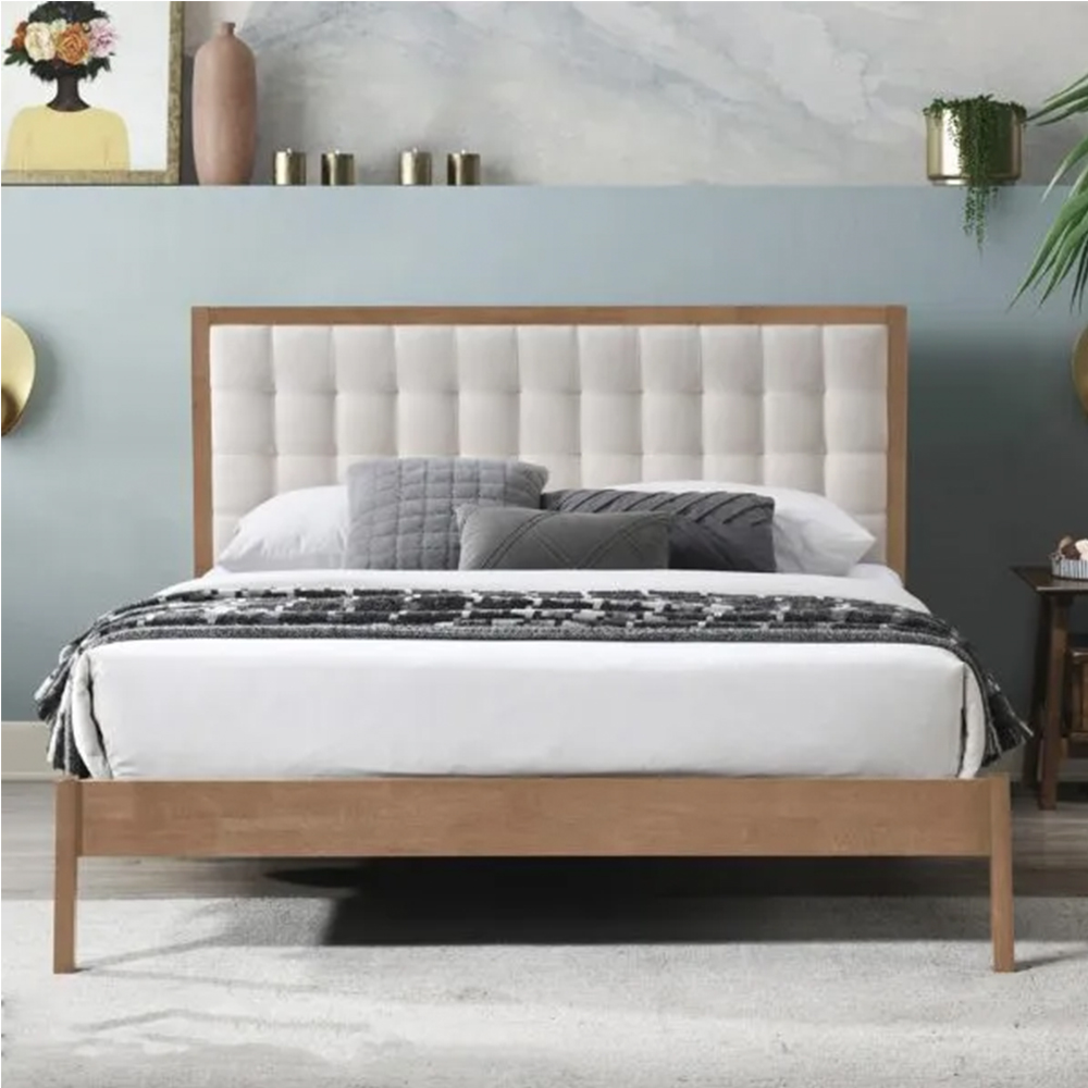 classic white mid century bed frame with fabric cushioned headboard