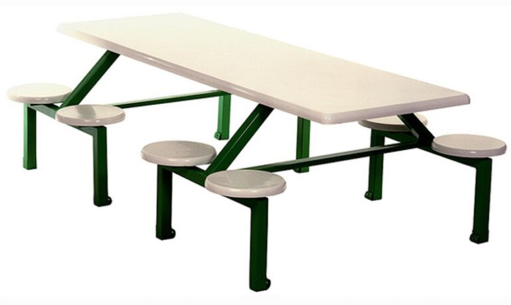 white cafeteria table with 8 linked canteen stools