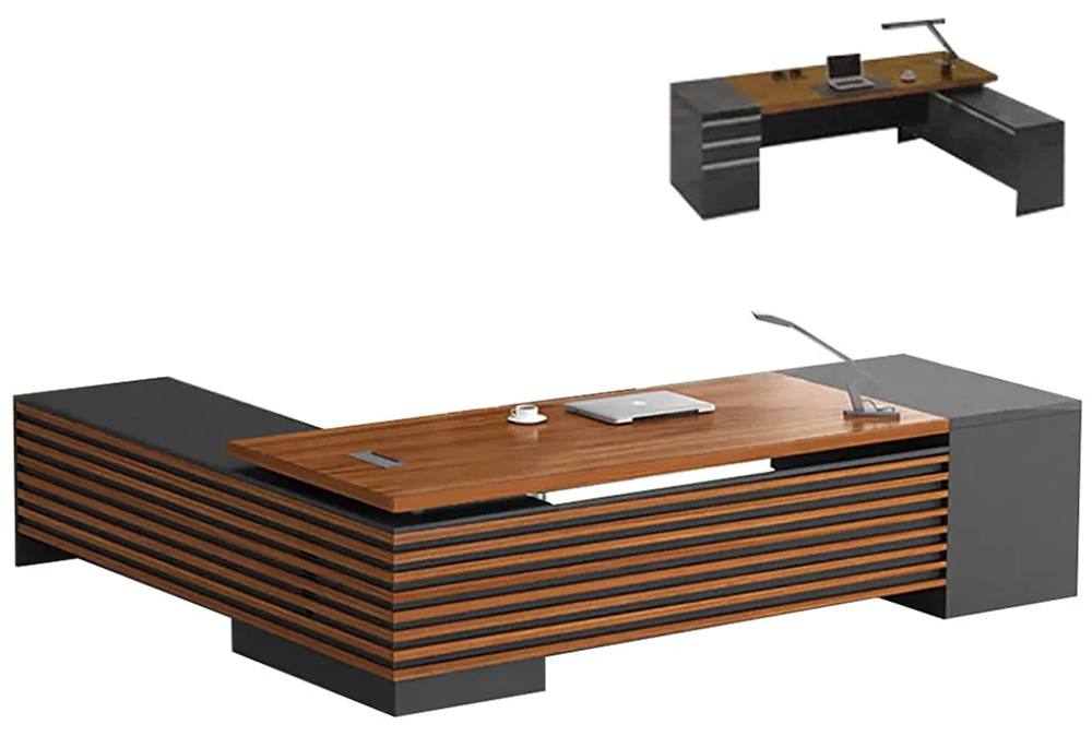 walnut colour l-shaped director table with black for kuala lumpur offices
