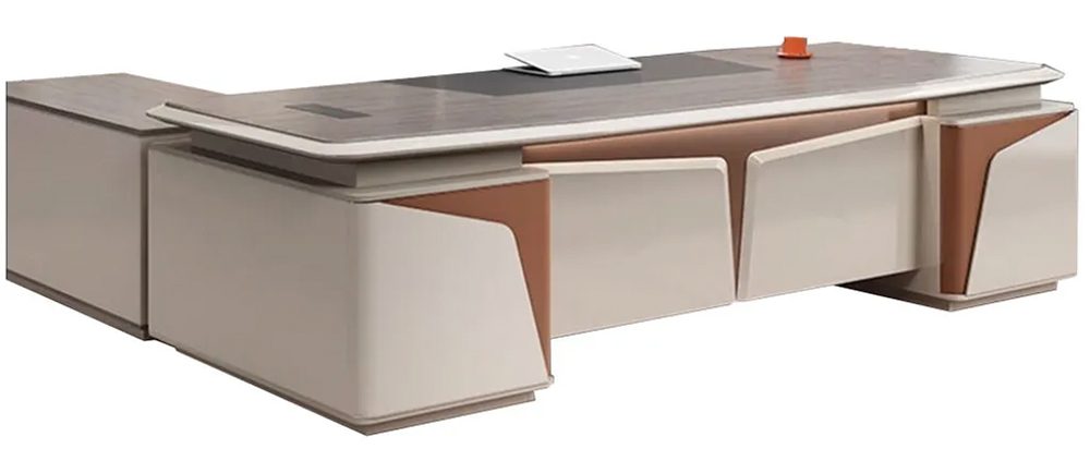 orange body l-shaped director table with side storage cabinet for kuala lumpur offices