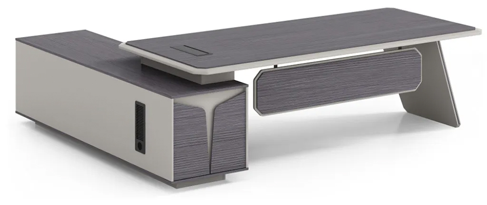 L Shaped Director Office Table with Big-T Logo, Slide Shaped Table Leg and Side Storage Cabinet for kuala lumpur offices