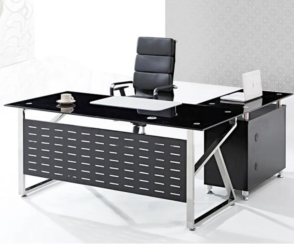 Modern Industrial Style Glass Table Top Chrome Metal Leg L Shaped Director Office Table with Side Filing Cabinet - Black