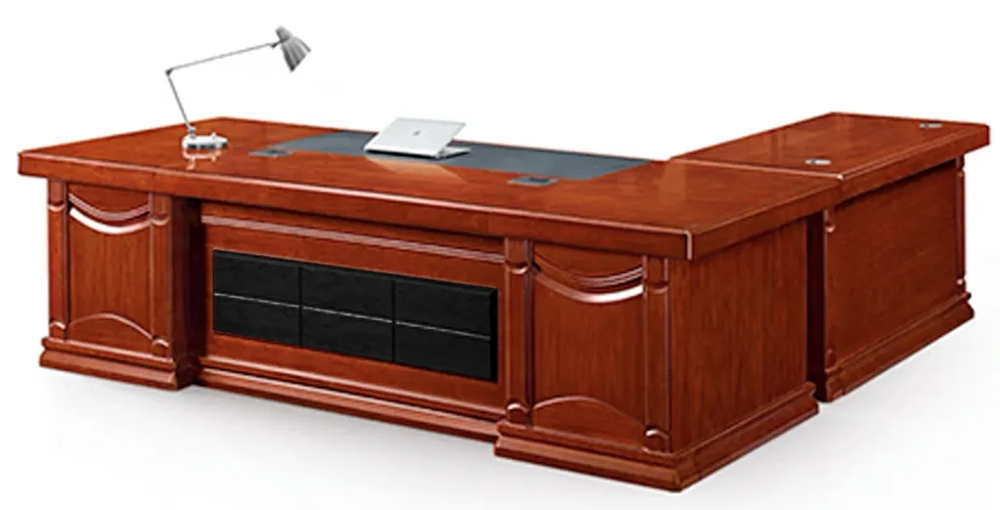 Retro Oriental Style Wood Director Office Table with Side Storage Cabinet - Cherry Brown