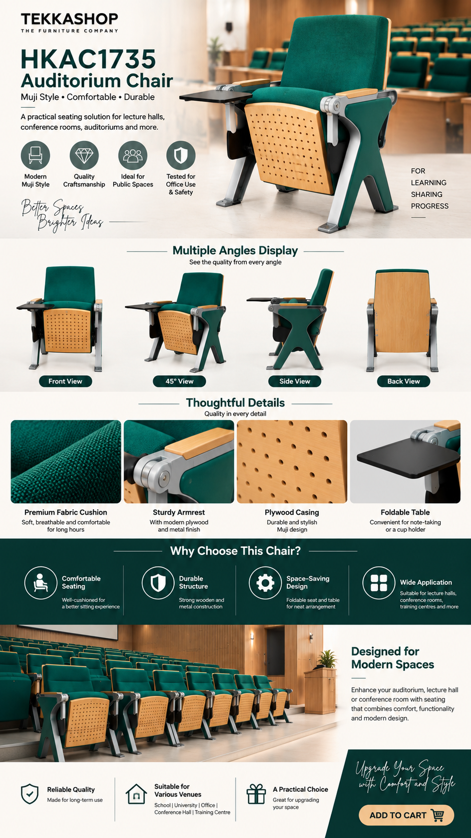 Dark Green Emerald Muji Style Fabric Cushion Auditorium Chair