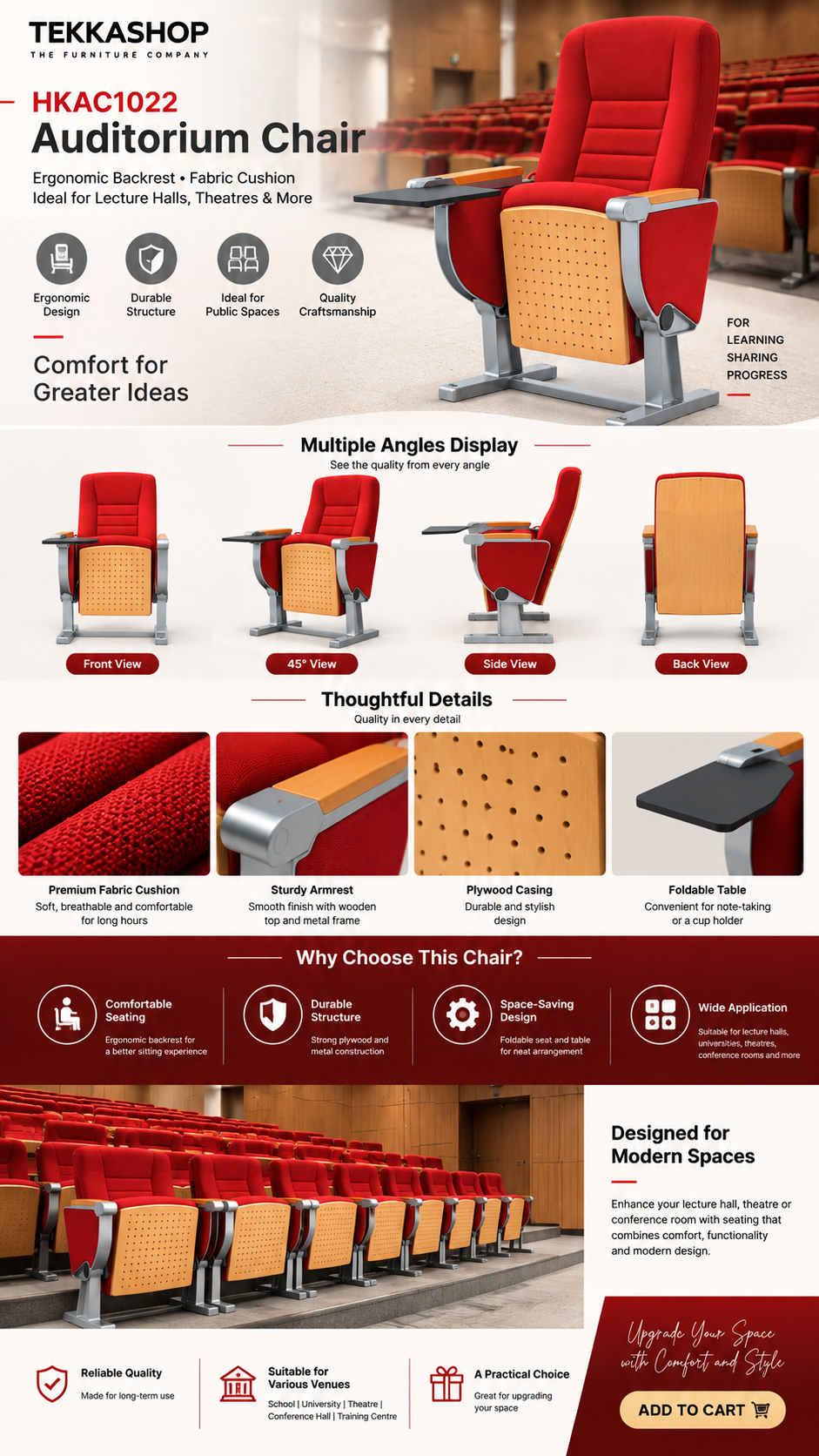 Ergonomic Backrest Fabric Cushion Auditorium