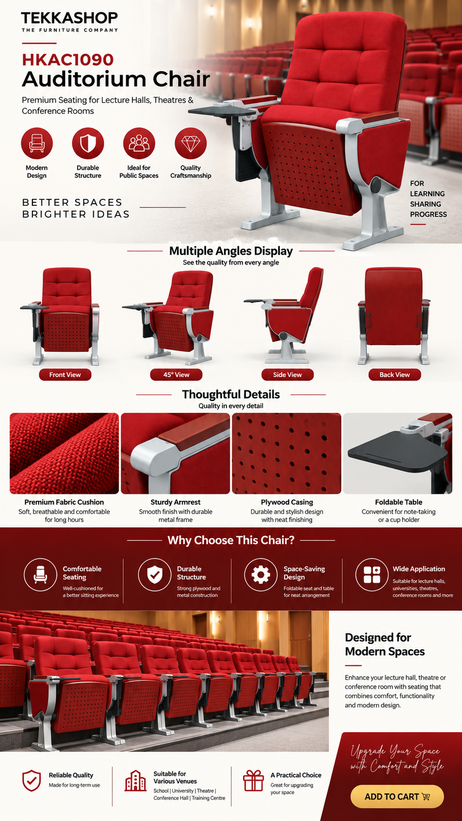 Classic Theatre Fabric Cushion Auditorium Joint Chair