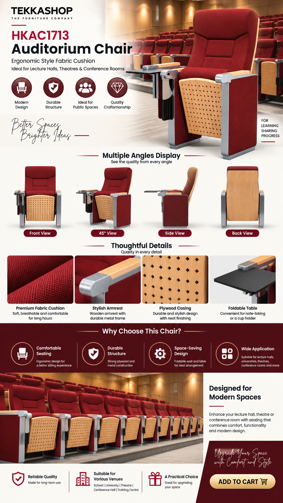 Ergonomic Style Fabric Cushion Auditorium