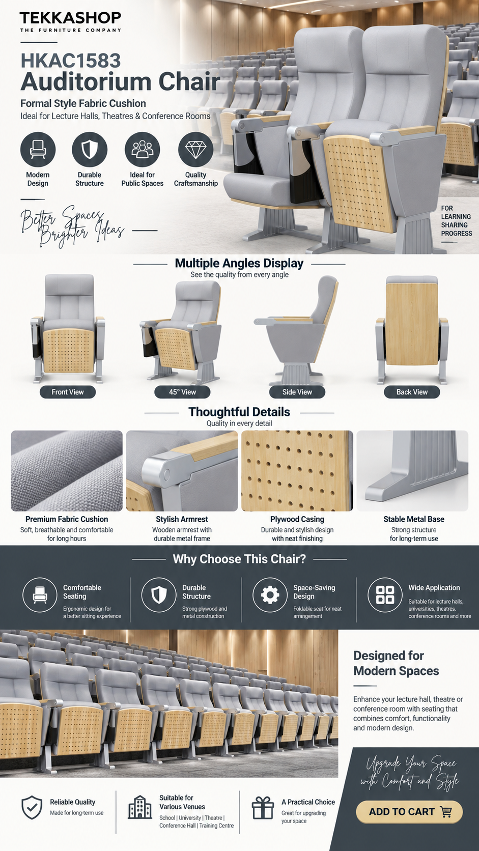 Formal Style Fabric Cushion Auditorium Joint Chair