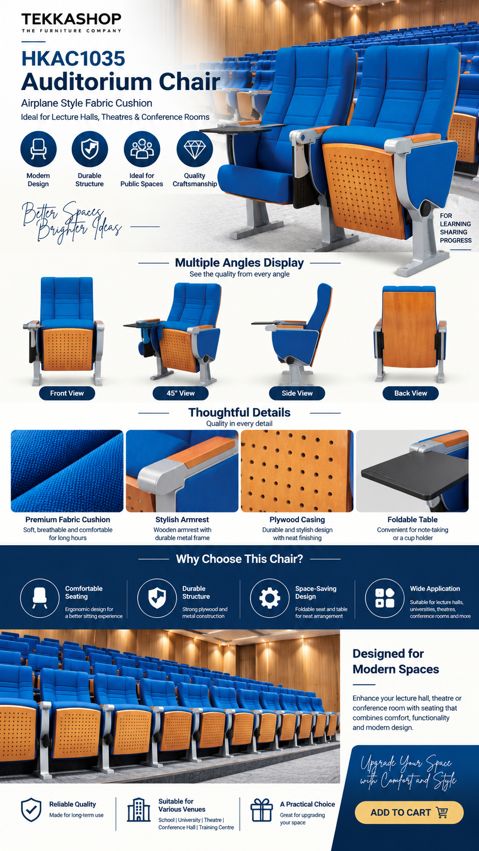 Airplane Style Fabric Cushion Auditorium Joint Chair