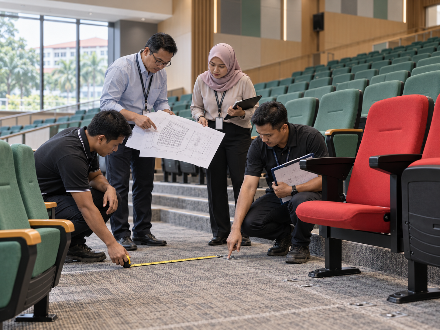 Auditorium chair supplier conducting a university hall site review