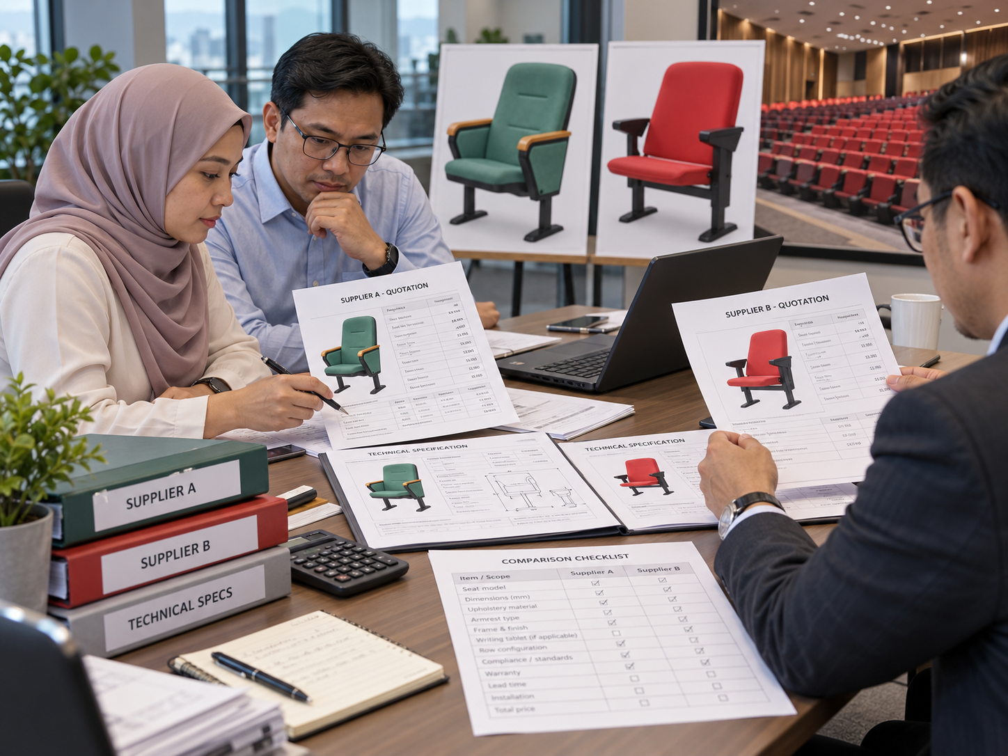 Comparing auditorium chair supplier quotations for a university project