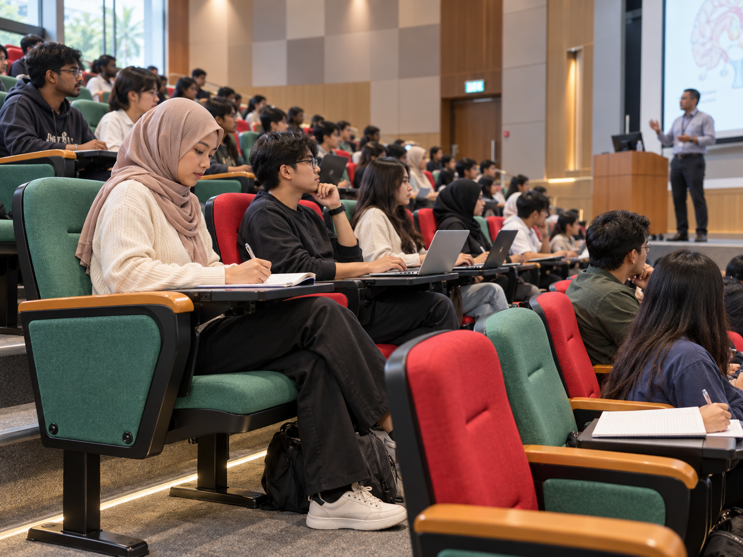 Lecture hall seating with writing tablets for university students