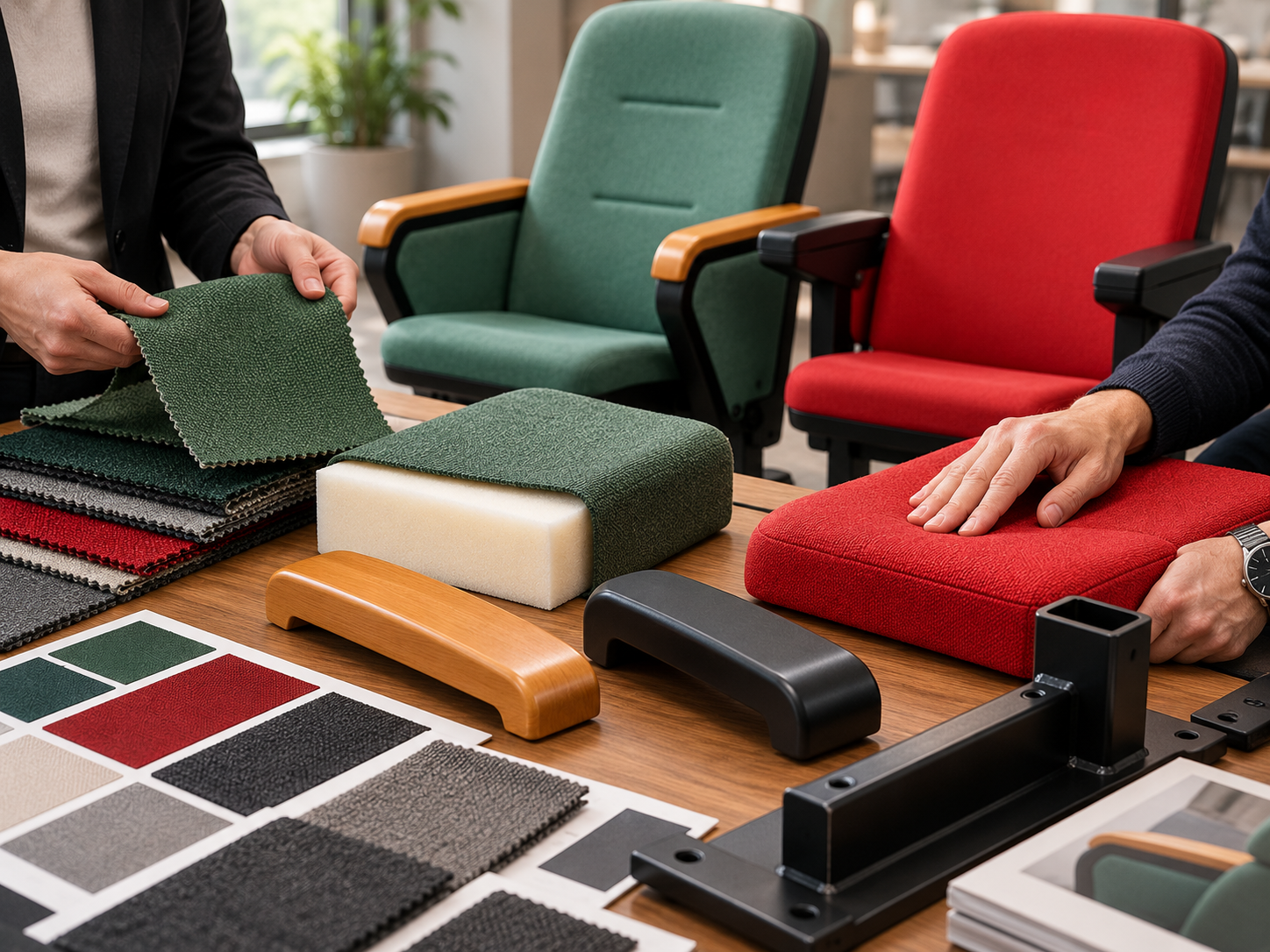 Auditorium chair upholstery armrest and frame material samples