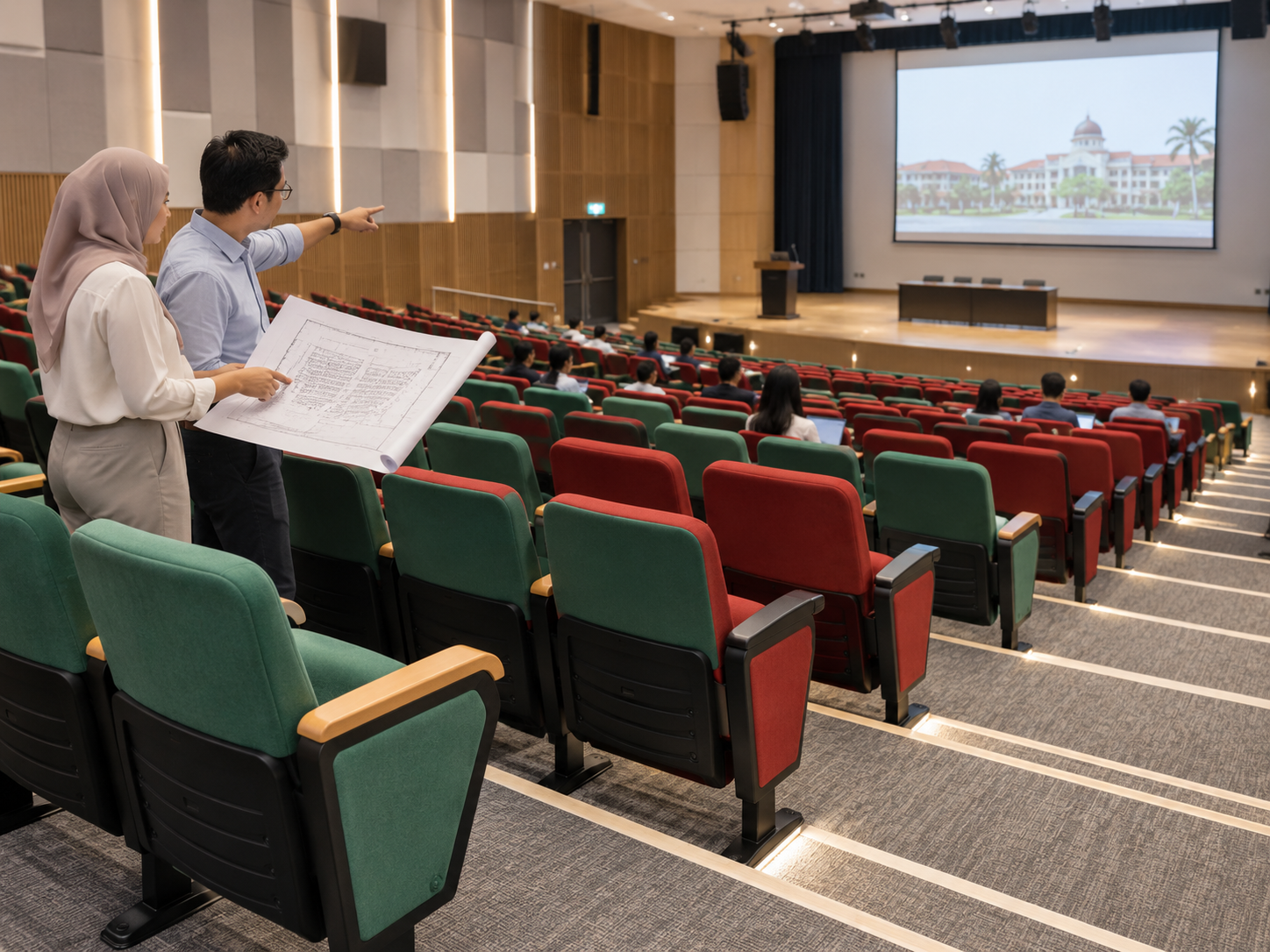 University auditorium row planning and sightline layout