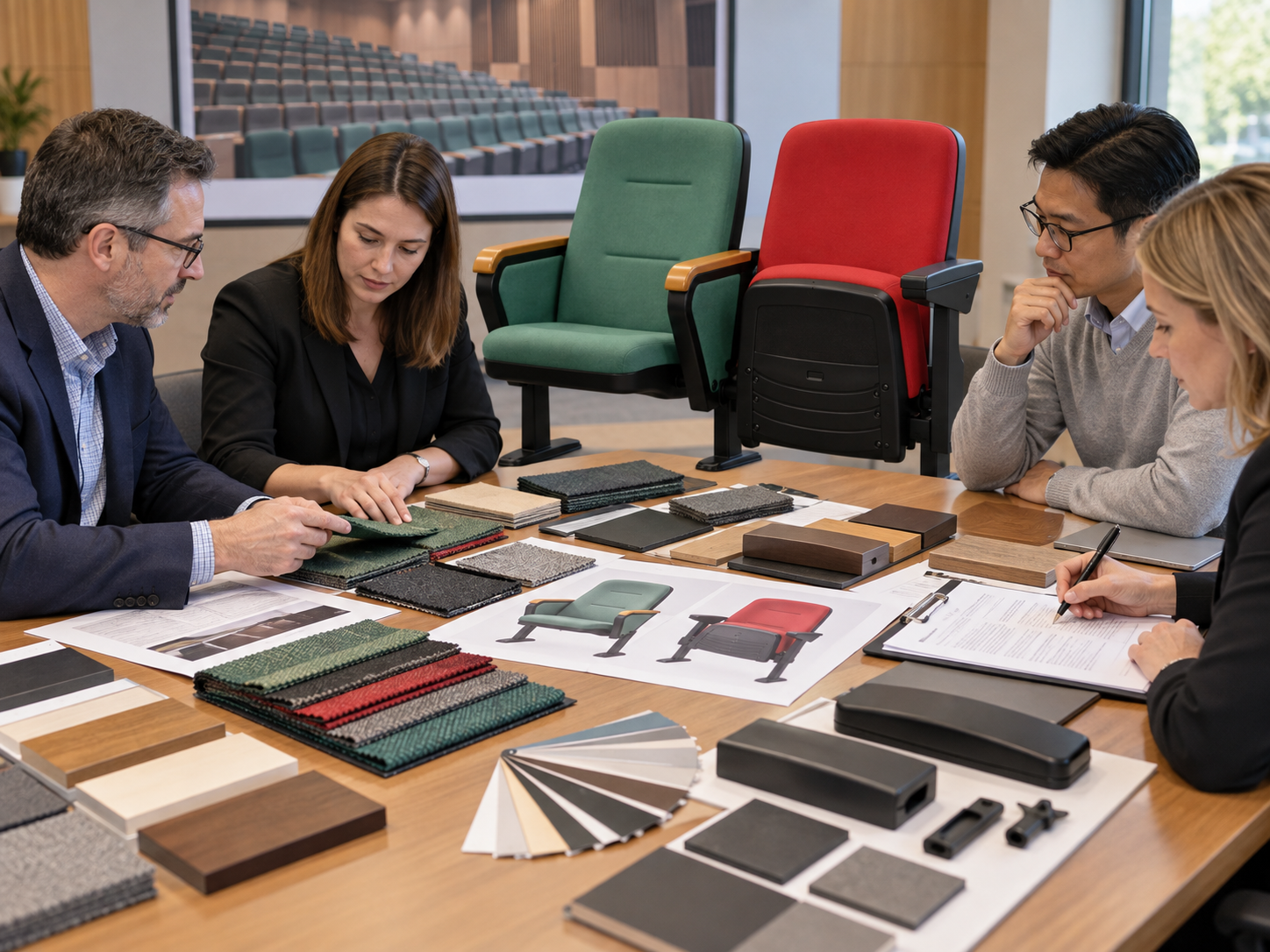 University approval of auditorium chair sample and fabric finishes