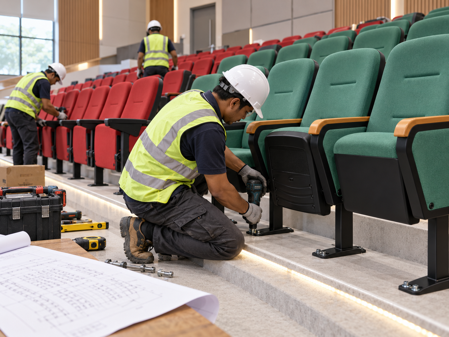 Installation of floor-mounted auditorium chairs in a lecture hall