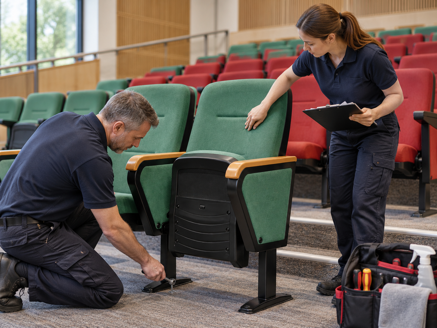 Maintenance inspection of university auditorium chairs