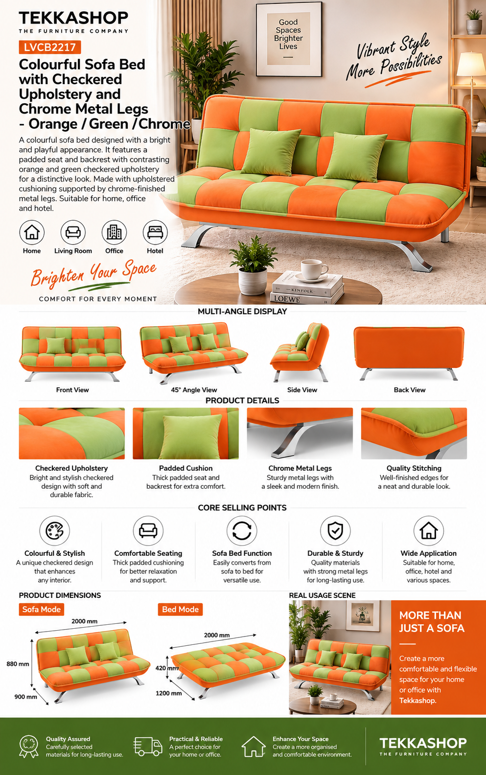 orange green checkered sofa bed