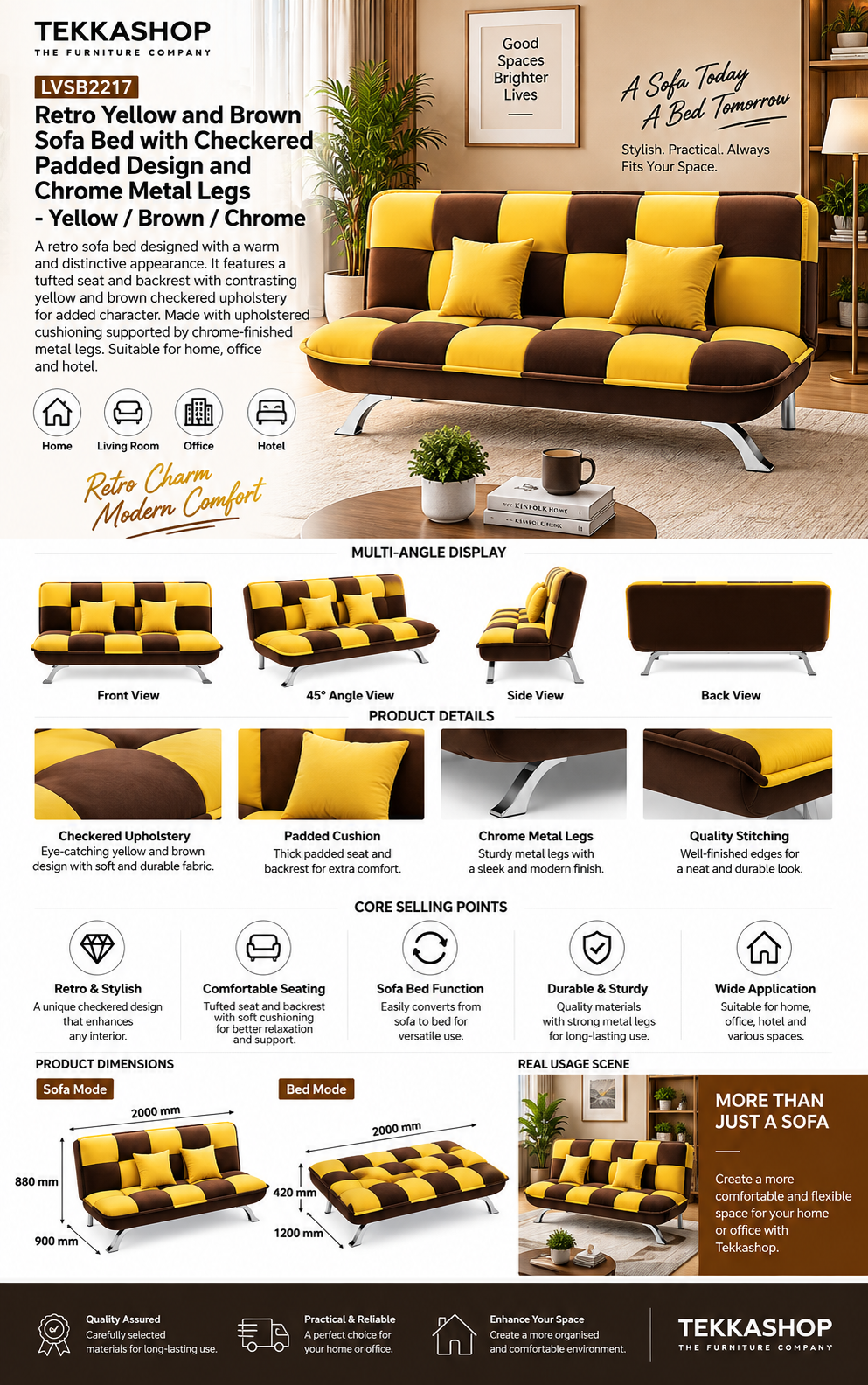 yellow brown checkered sofa bed