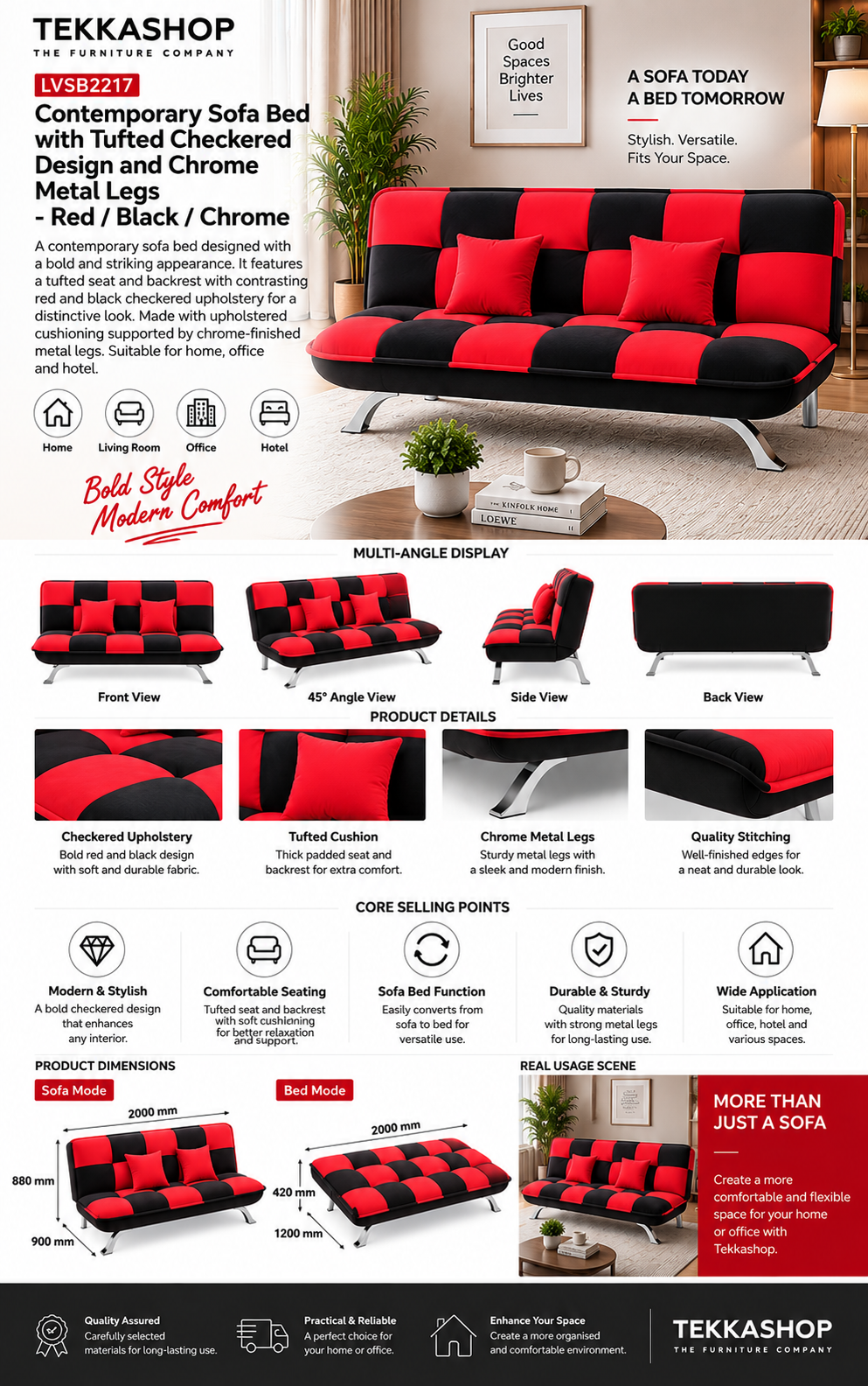 red and black checkered design sofa bed
