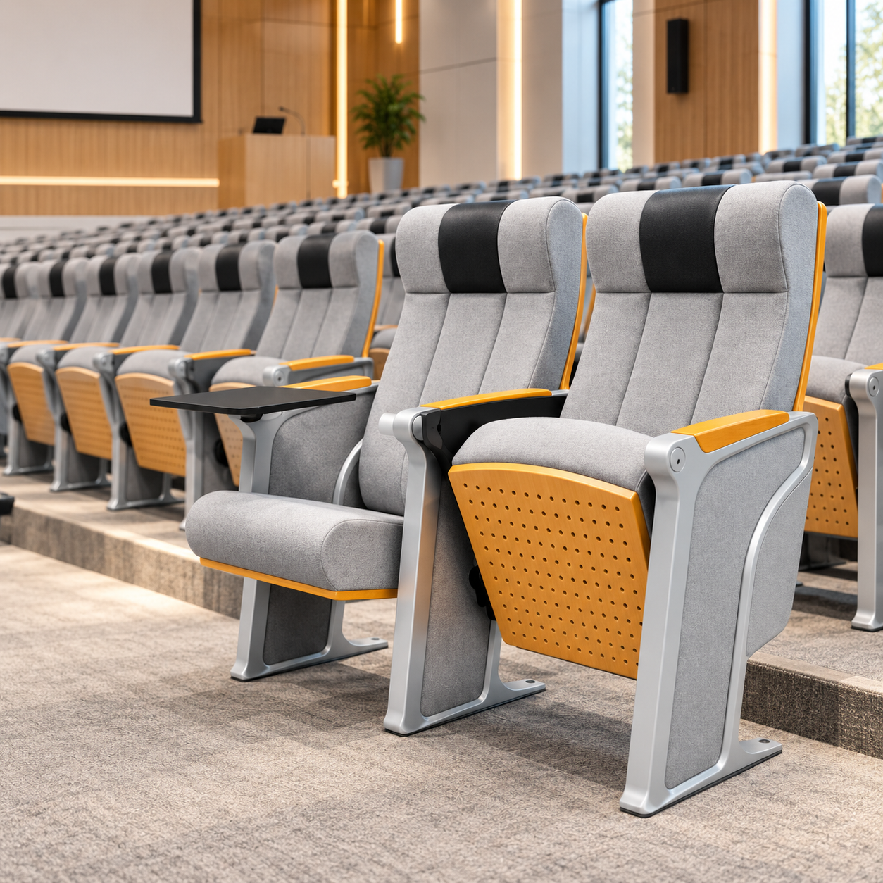 Ergonomic Black Integrated Headrest Panel Auditorium Chair
