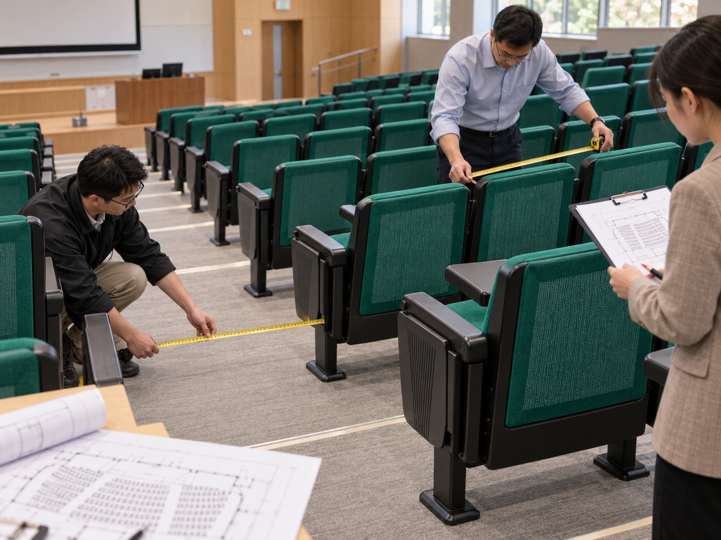 Auditorium seating with planned central and side aisles