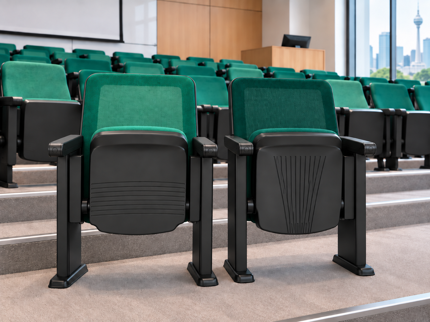 Government university lecture hall with mesh auditorium chairs and foldable writing tablets