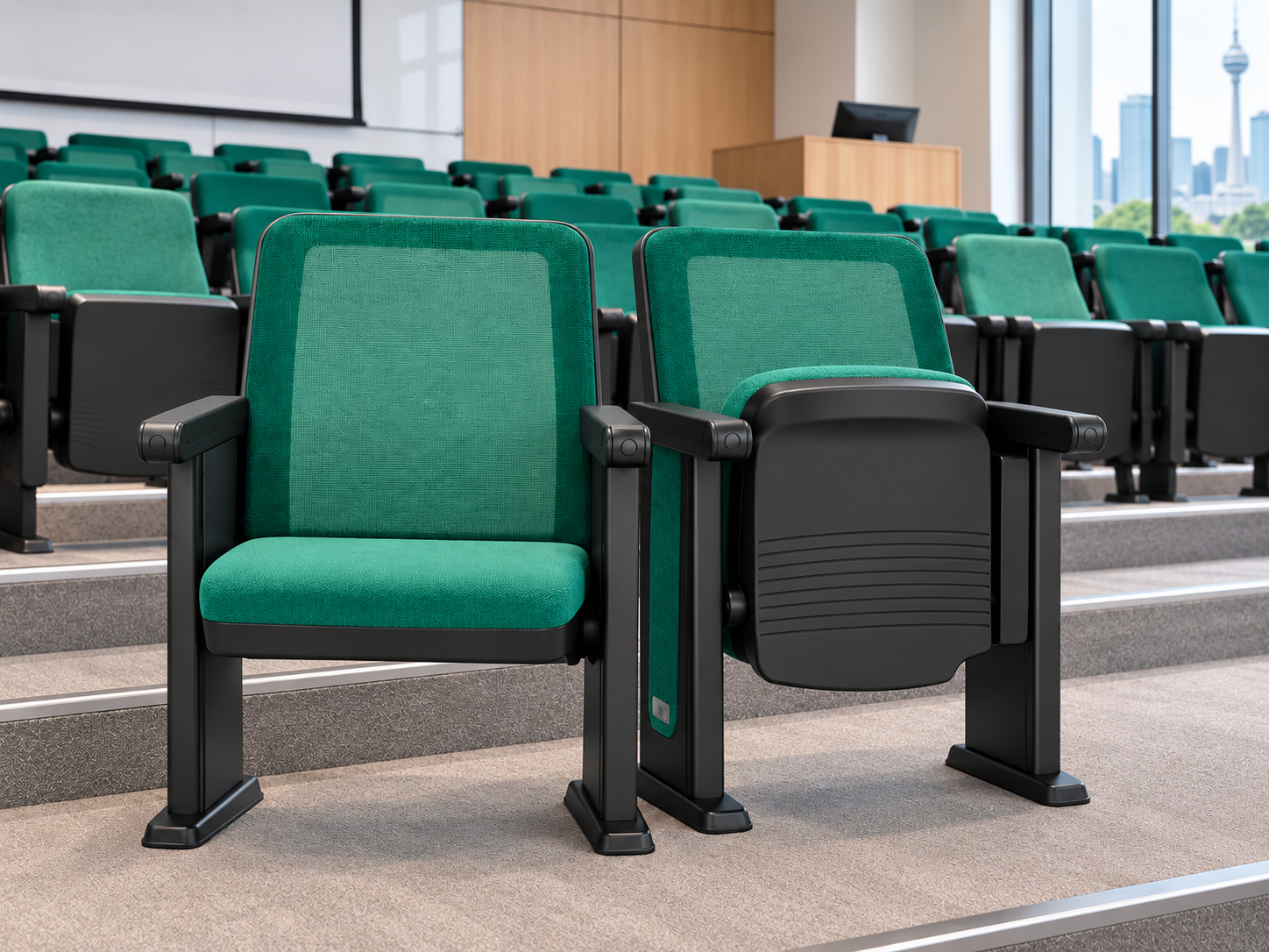 STAC1203 Contemporary writing tablet chairs in a compact lecture hall