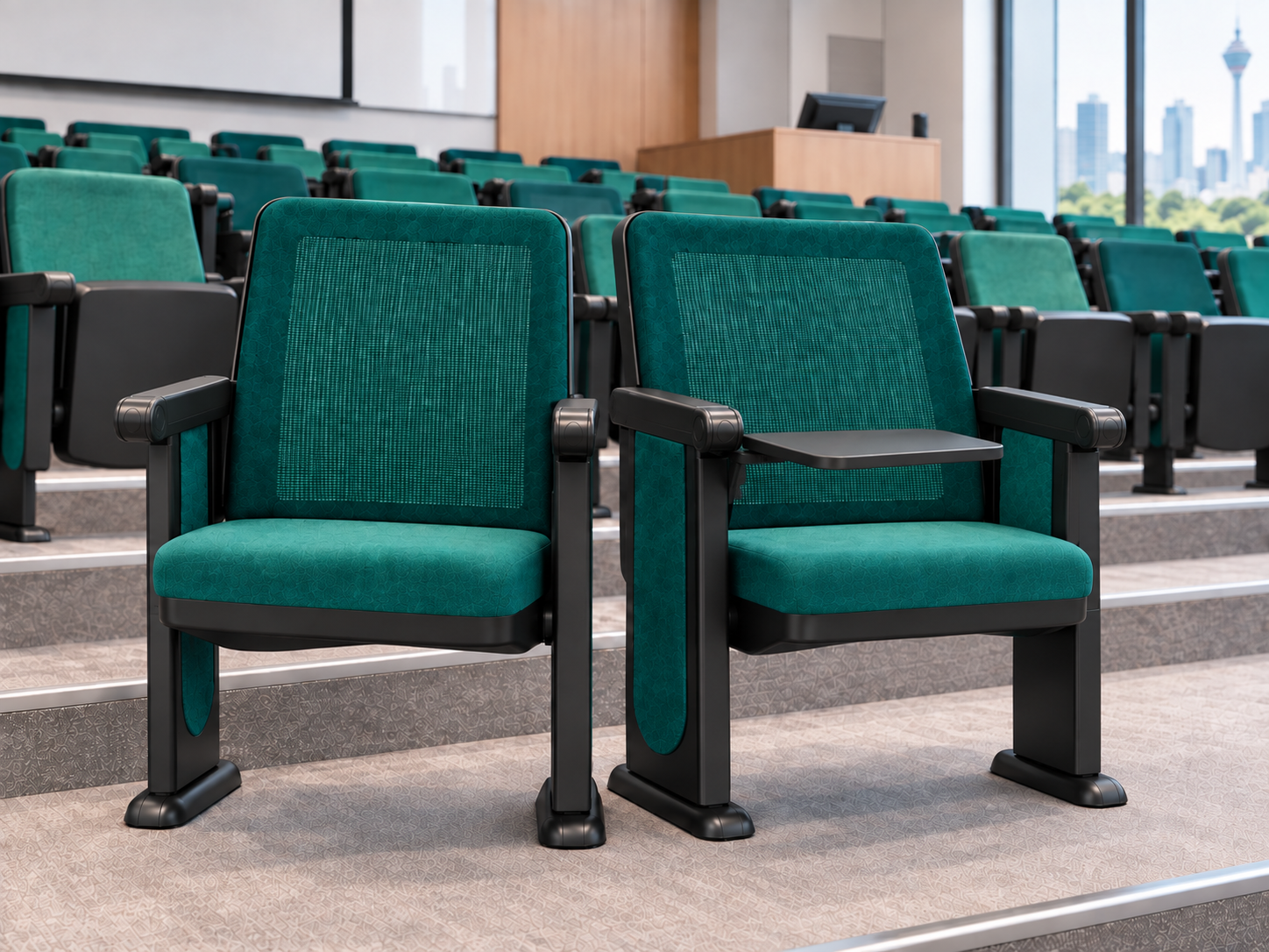 STAC1203 Elite auditorium chairs with writing tablets in a university hall