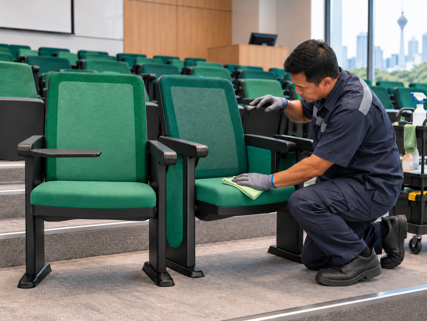 Maintenance inspection of a writing-tablet auditorium chair