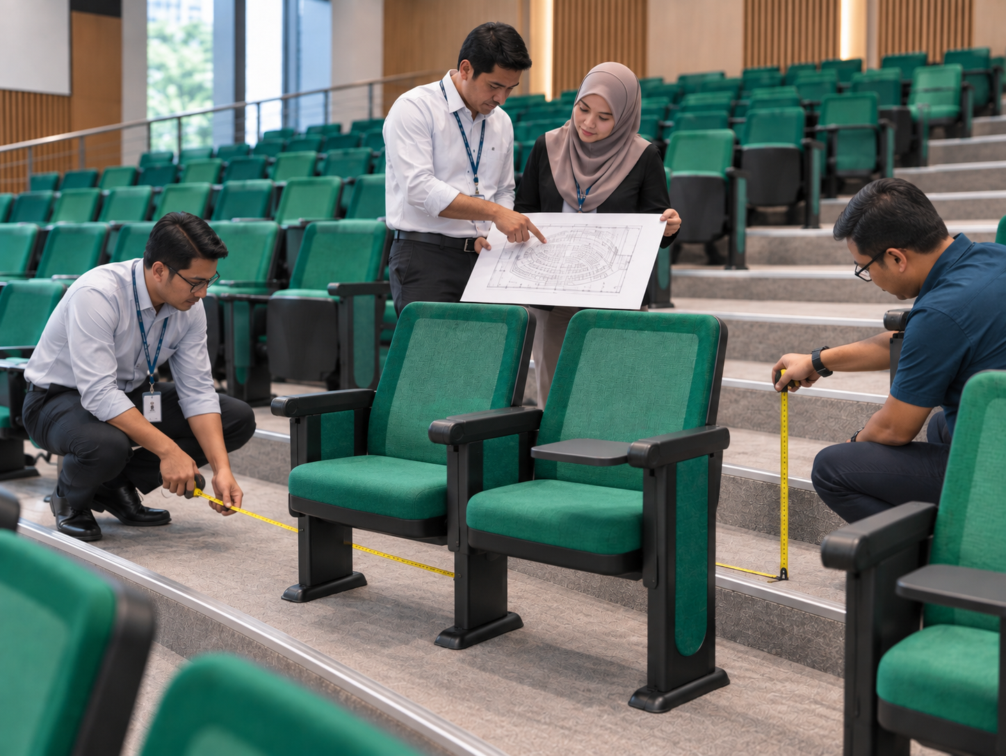 University facilities team planning fixed lecture hall seating in Kuala Lumpur