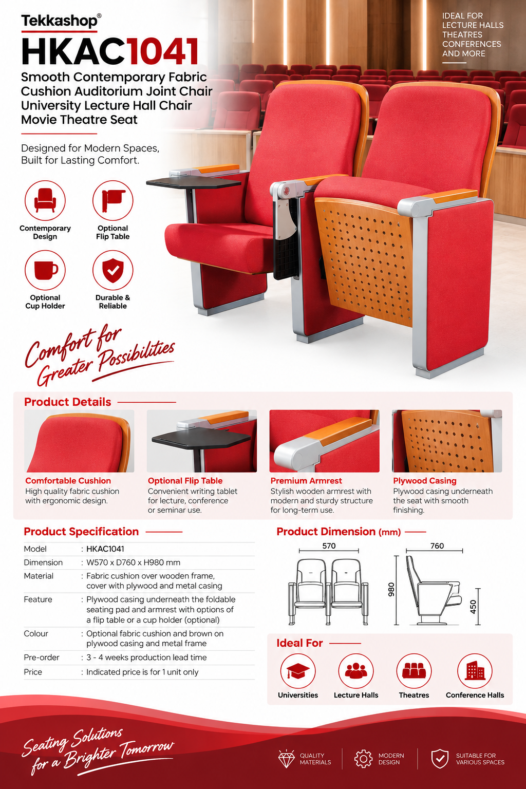 Smooth Contemporary Fabric Cushion Auditorium