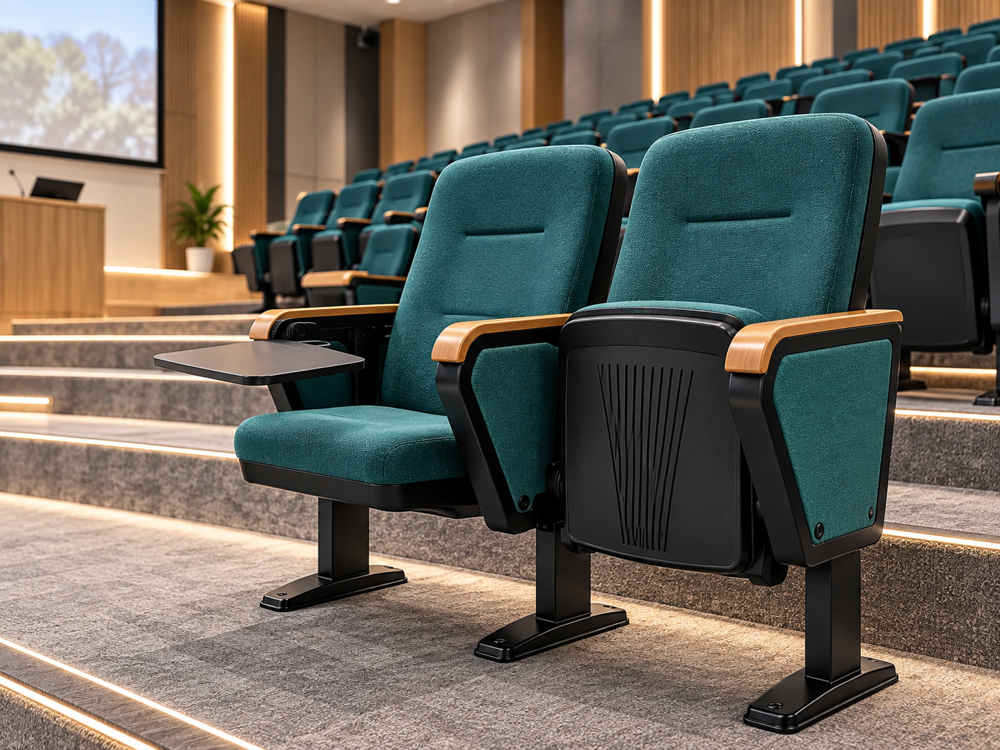Tekkashop STAC1203 Luxury Auditorium Seating Chair With Foldable Writing Tablet Fabric Upholstered Theatre Conference Hall Cinema Seat (Pre-Order)