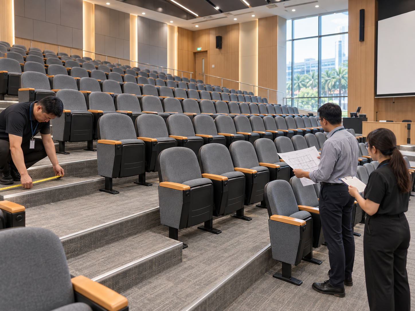 University facilities team surveying lecture hall seating access
