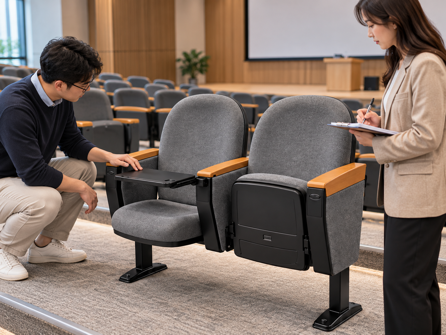 University team evaluating auditorium chair comfort and maintenance